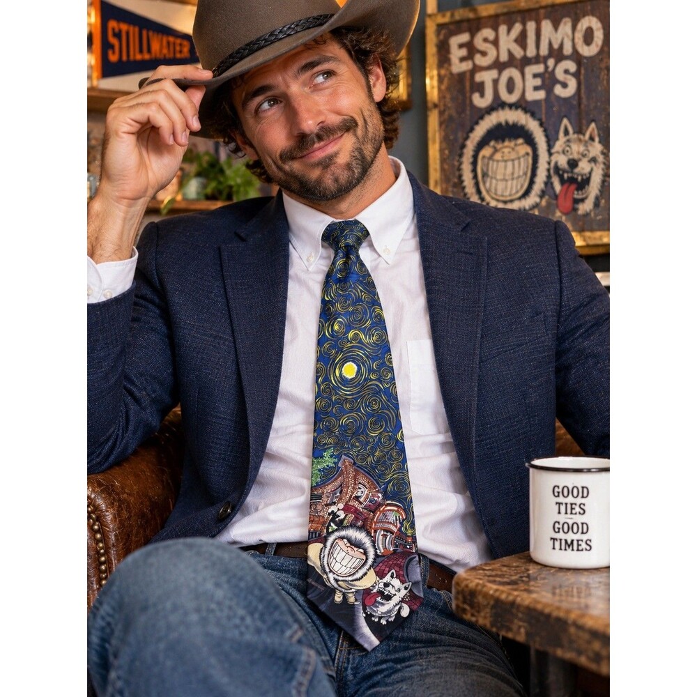 Eskimo Joe’s Silk Tie Starry Night Art Novelty Character Necktie Blue Gold